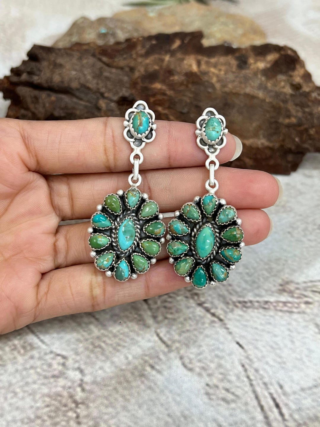 Handmade Sterling Silver Kingman Turquoise Post Dangle Earrings With ...