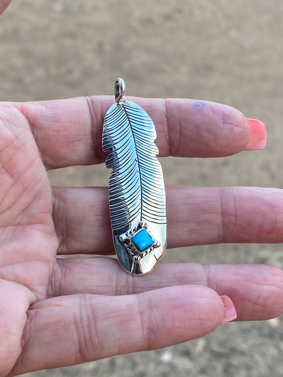 Navajo Kingman Turquoise & Sterling Silver Feathe… - image 3