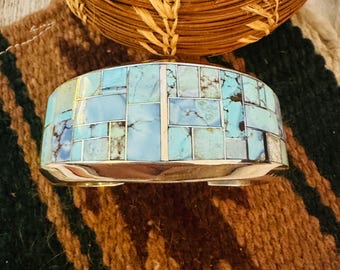 Navajo Sterling Silver & Golden Hills Turquoise Inlay Cuff Bracelet /