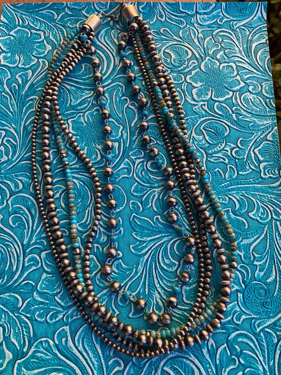 Navajo Turquoise & Sterling Silver 5 Strand Beade… - image 4