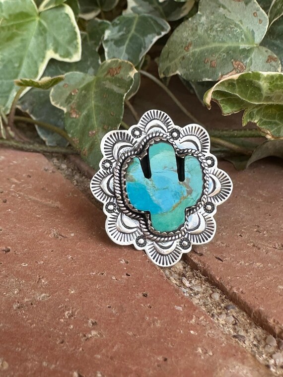 Handmade Sterling Silver Turquoise Saguaro Cactus Adjustable Ring