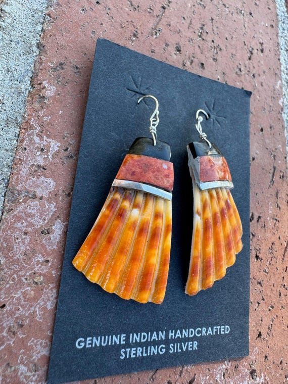 Handcrafted Multi Stone Inlay & Shell Dangle Earr… - image 2