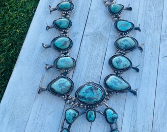 Vintage Navajo Turquoise & Sterling Silver Jumbo Squash Blossom Necklace