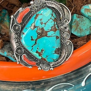 Vintage Navajo Sterling Silver, Turquoise and Coral Cuff Bracelet, Unsigned