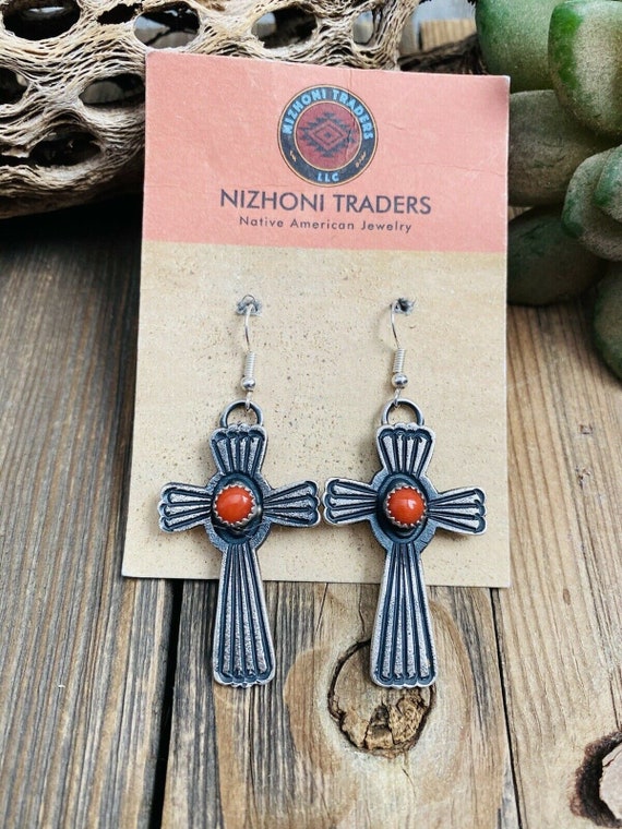 Detailed Native American Navajo Sterling Silver Cross Earrings Detailed Native American Navajo Sterling Silver Cross Earrings