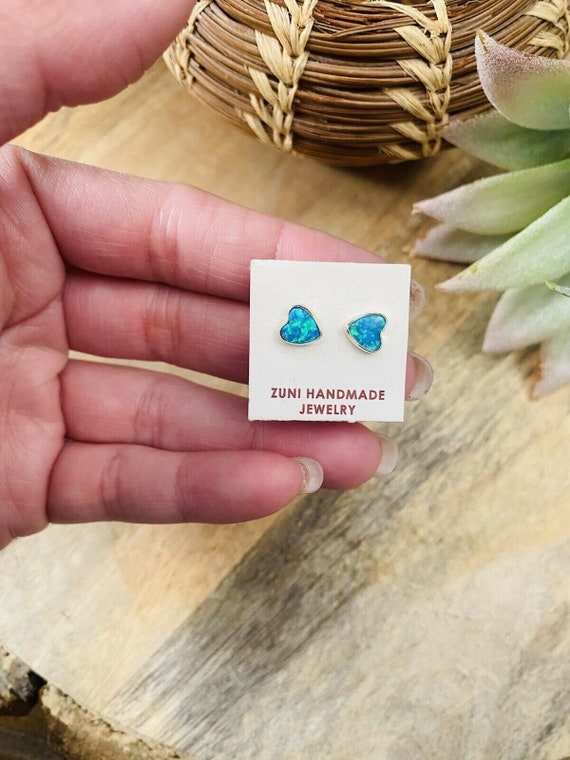 Zuni Blue Opal & Sterling Silver Heart Stud Earri… - image 5