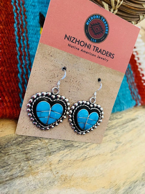 Zuni Sterling Silver & Turquoise Inlay Heart Dang… - image 5