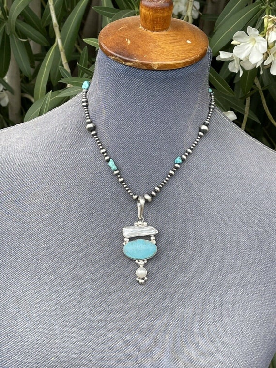 Turquoise & Mother Of Pearl Sterling Silver Navaj… - image 7