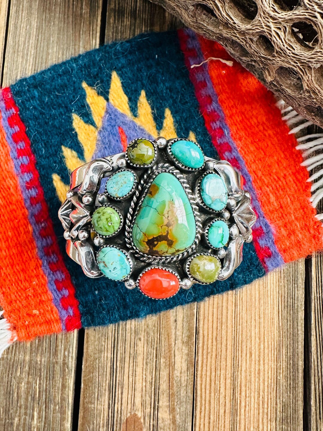 Navajo Old Pawn Turquoise, Coral & Sterling Silver Cuff Bracelet / - Etsy