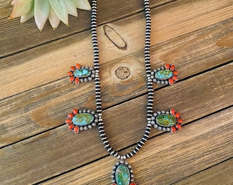 Navajo Sterling Kingman Turquoise & Natural Red Coral Necklace Taos Collection