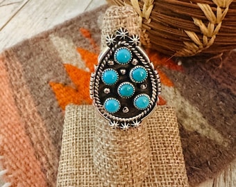 Handcrafted Turquoise & Sterling Silver Cluster Ring Size 5.5