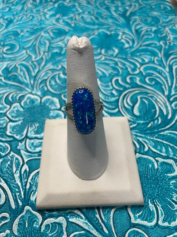 Navajo Man Made Sterling Silver & Blue Opal Ring S