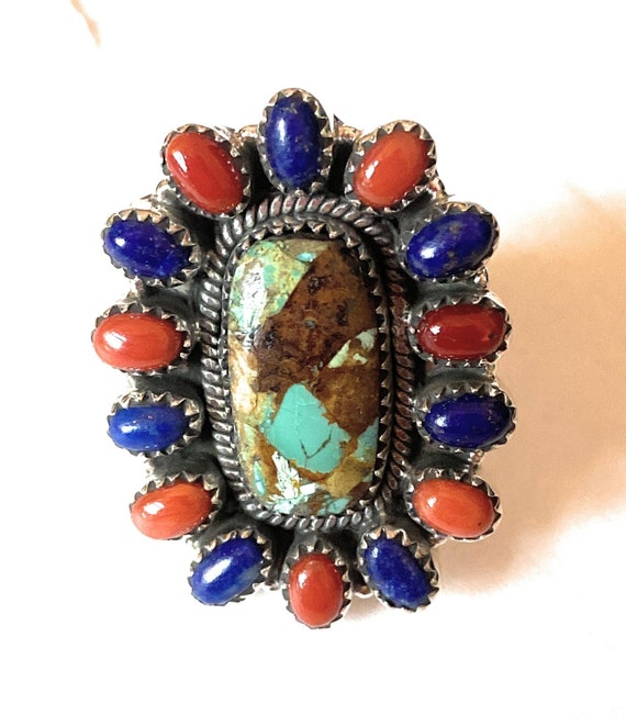 Handmade Sterling Silver, Turquoise, Coral & Lapi… - image 8