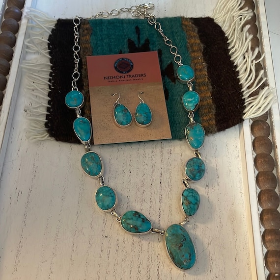 Navajo Turquoise And Sterling Silver Necklace & D… - image 1