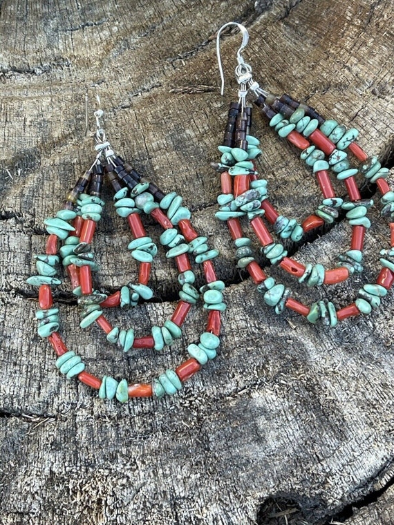 Navajo Heishi Bead Turquoise & Coral 3 Loop Dangl… - image 8