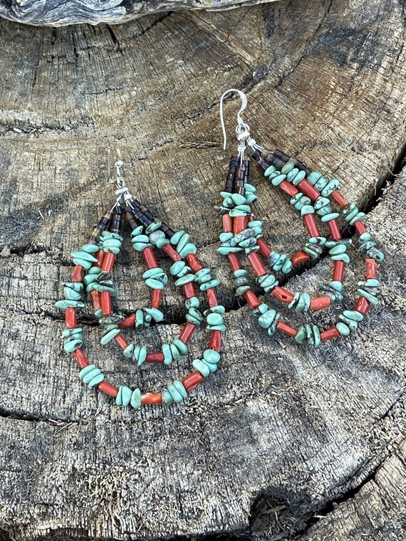 Navajo Heishi Bead Turquoise & Coral 3 Loop Dangl… - image 6