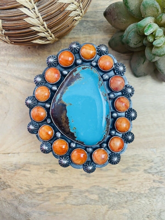 Navajo Orange Spiny, Turquoise & Sterling Silver … - image 1