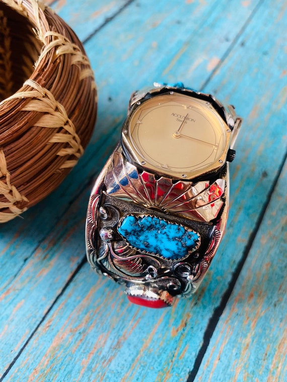 Old Pawn Vintage Navajo Coral, Turquoise & Sterlin