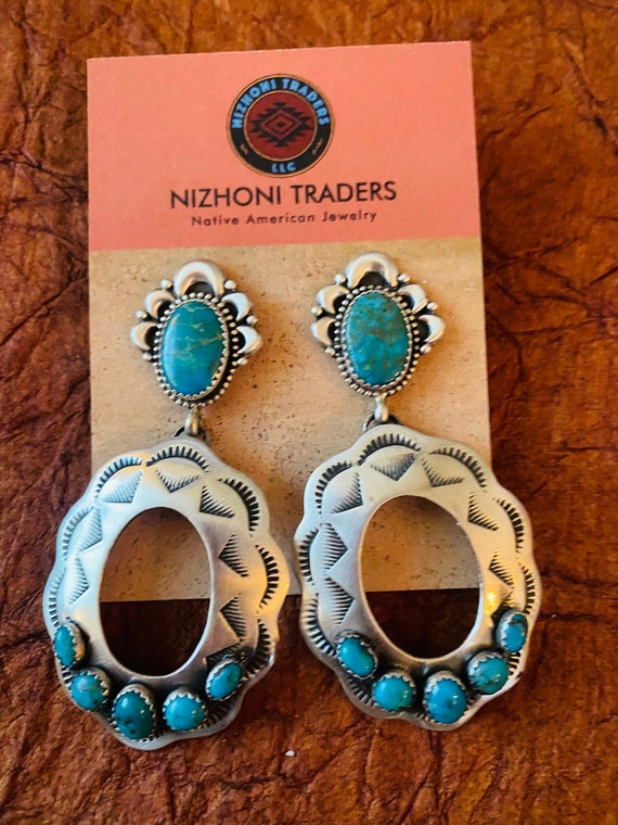 Navajo Sterling Silver & Turquoise Concho Dangle … - image 1