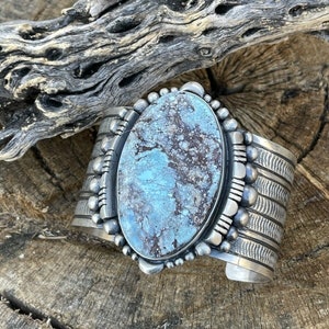 Navajo Handmade Sterling Silver & Number 8 Turquoise Signed Cuff Signed