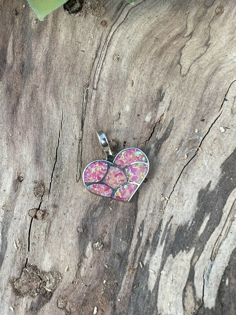 Zuni Iridescent Pink Opal & Sterling Silver Heart Pendant image 7
