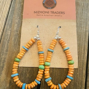 Navajo Spiny, Turquoise, Gaspeite And Sterling Silver Beaded Dangle Earrings