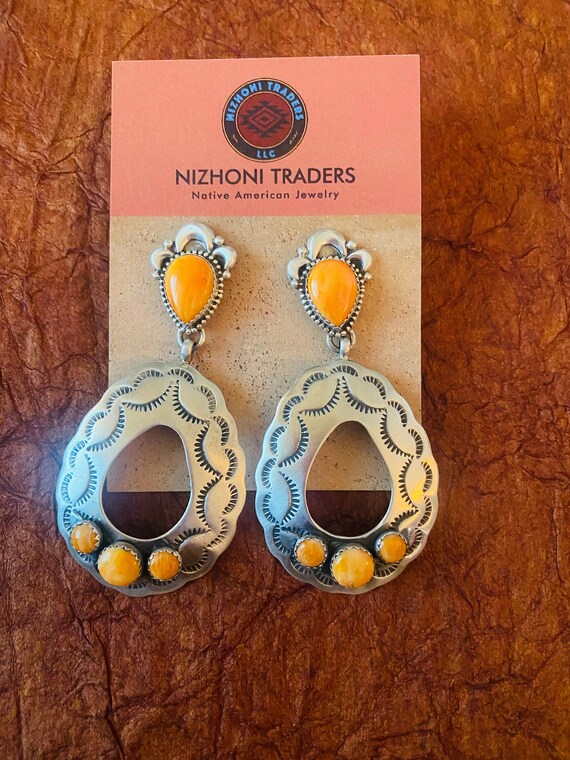 Navajo Sterling Silver & Orange Spiny Concho Dang… - image 6