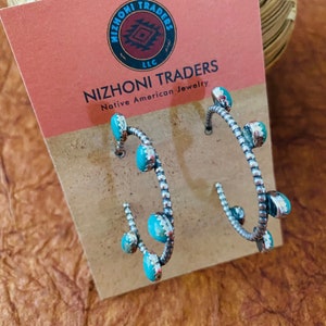 Navajo Sterling Silver & Turquoise Hoop Earrings image 2