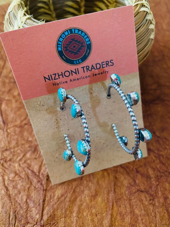 Navajo Sterling Silver & Turquoise Hoop Earrings - image 2