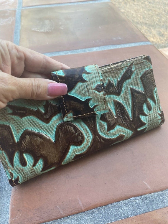 Hand Tooled Turquoise Southwestern Leather Wallet - image 4