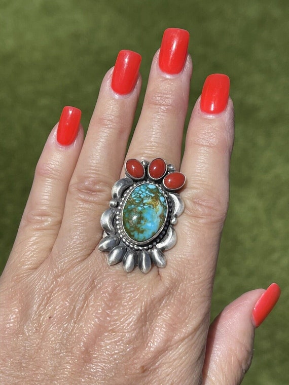 Navajo Sterling Kingman Web Turquoise & Red Coral… - image 1