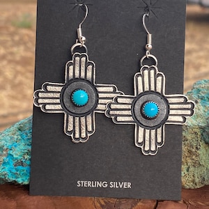 Navajo Turquoise & Sterling Silver Zia Dangle Earrings By Kevin Billah