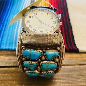 Vintage Navajo Turquoise & Sterling Silver Jumbo Watch Cuff Signed