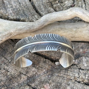 Navajo Sterling Silver Hand Stamped Feather Bracelet Cuff