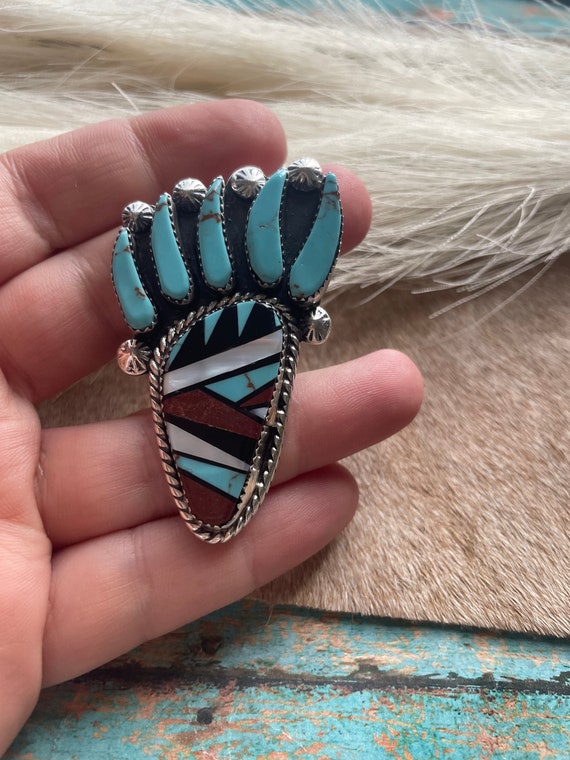 Vintage Zuni Sterling Silver, Turquoise, And Mult… - image 3