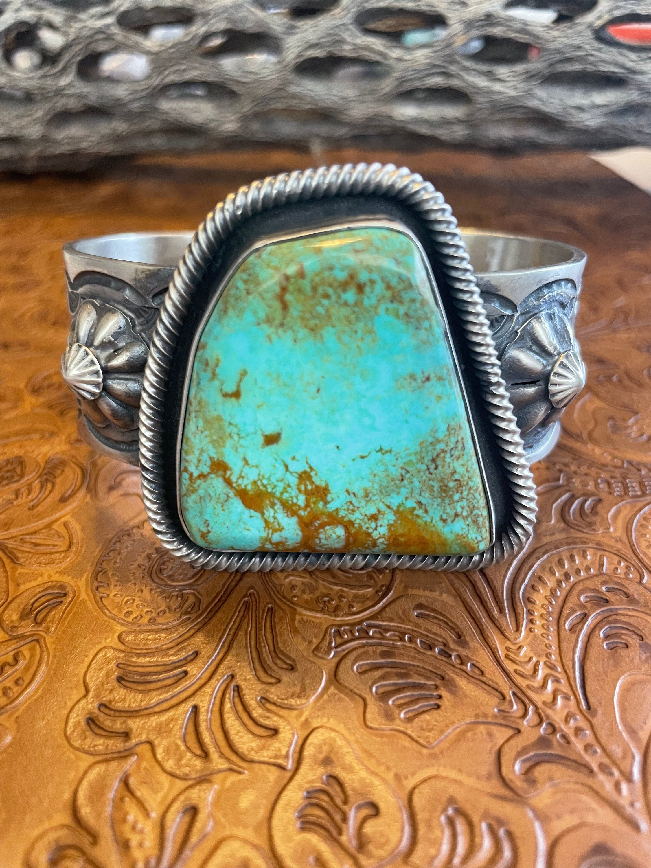 Native American Important Jeanette Dale Turquoise Vein Sterling Silver Bracelet Cuff Native American Important Jeanette Dale Turquoise Vein Sterling Silver Bracelet Cuff
