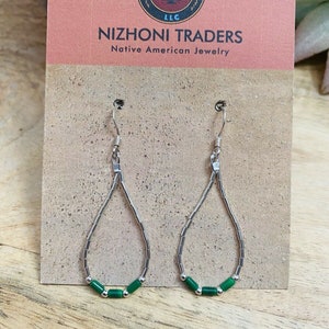 Navajo Sterling Liquid Silver & Malachite Beaded Dangle Earrings