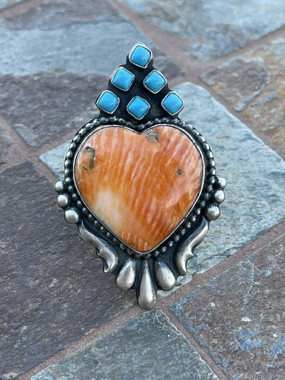 Be My Valentine Native American Navajo Turquoise Spiny Oyster Sterling Silver Heart Ring Be My Valentine Native American Navajo Turquoise Spiny Oyster Sterling Silver Heart Ring