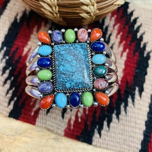 Amazing Navajo Multi Stone & Sterling Silver Cuff Bracelet Signed