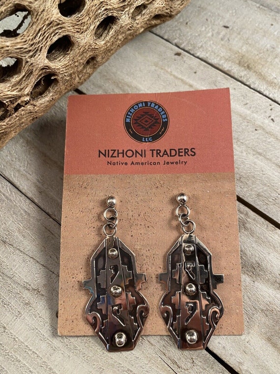 Navajo Hand Stamped Sterling Silver Dangle Earrin… - image 1