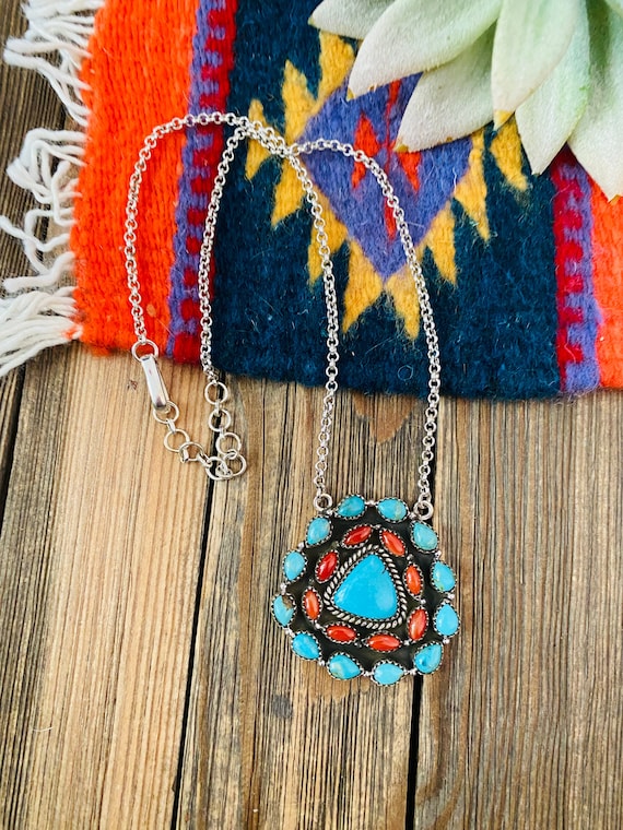 Handmade Sterling Silver, Turquoise & Coral Cluste