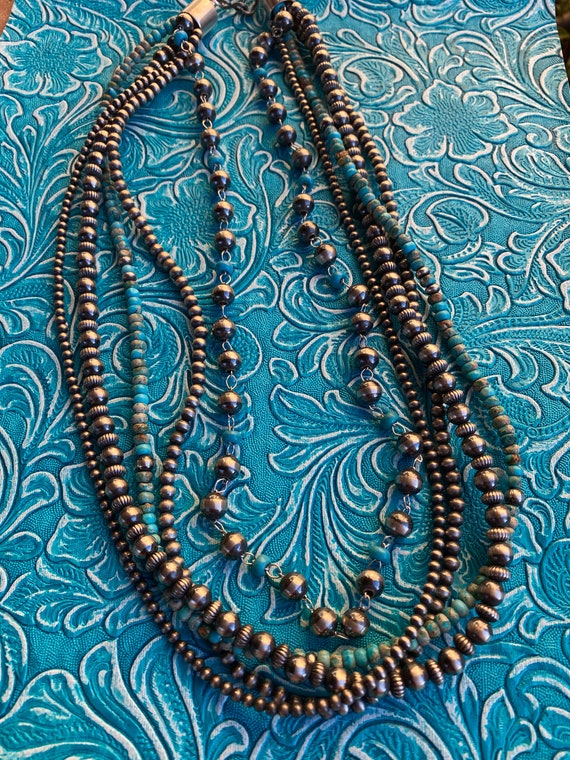 Navajo Turquoise & Sterling Silver 5 Strand Beade… - image 3