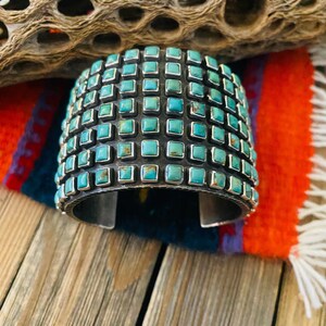 Navajo Kingman Turquoise And Sterling Silver Cluster Cuff Bracelet By Ernest Rangel