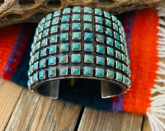 Navajo Kingman Turquoise And Sterling Silver Cluster Cuff Bracelet By Ernest Rangel