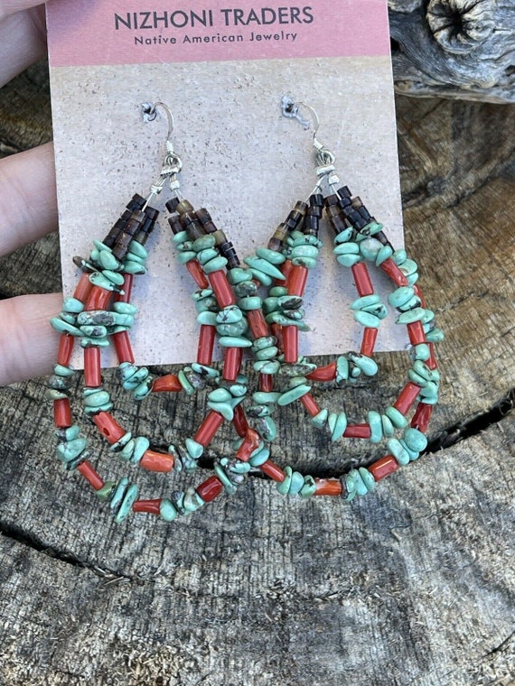 Navajo Heishi Bead Turquoise & Coral 3 Loop Dangl… - image 2