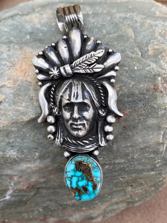Sterling Silver & Kingman Web Turquoise Indian Chi