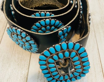 Vintage Navajo Black Leather And Sterling Silver Turquoise Cluster Belt