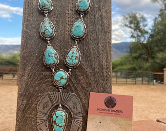 Navajo Handmade Number 8 Turquoise & Sterling Silver necklace set