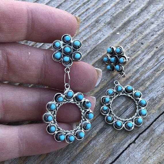 Navajo Turquoise Silver Petit Point Dangle Earrin… - image 1