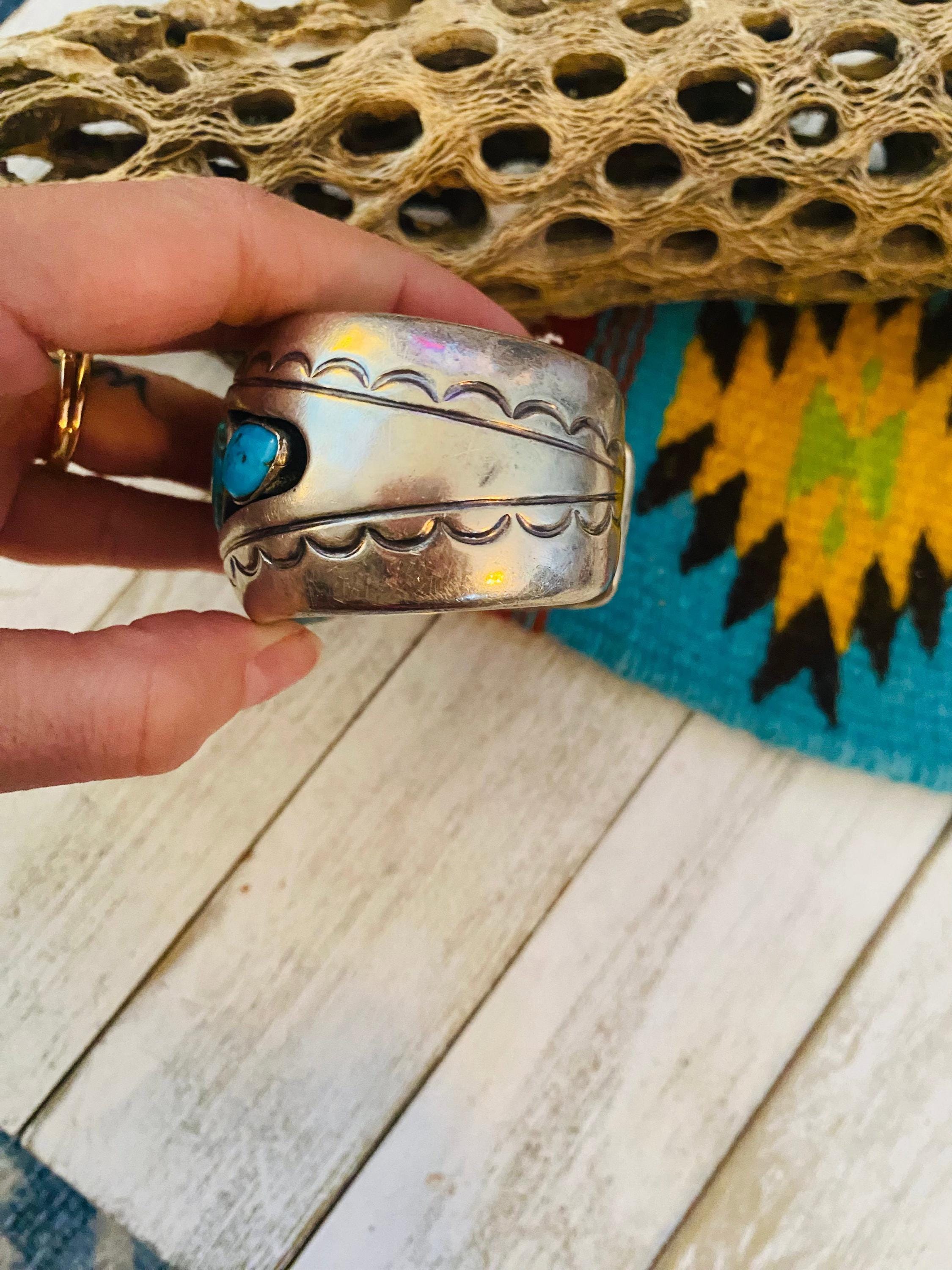 Navajo Old Pawn Vintage Turquoise & Sterling Silver Cuff Bracelet / - Etsy